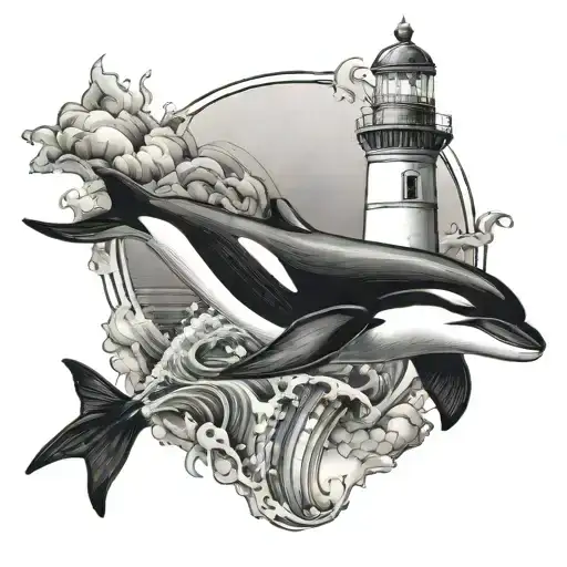 lighthouse and an orca diving tattoo design idea