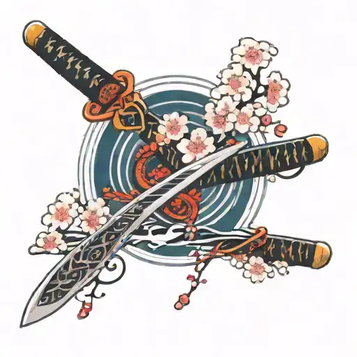 samurai sword cherry blossoms Waves Red thread tattoo design idea