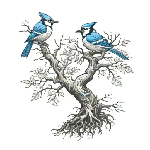 tree with roots and two blue jays tattoo design idea