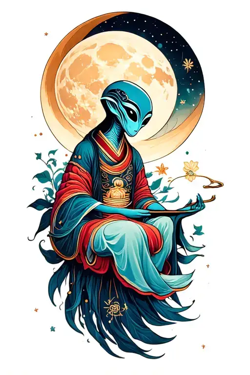 an enlightened alien with crossing the moon in space tattoo design idea