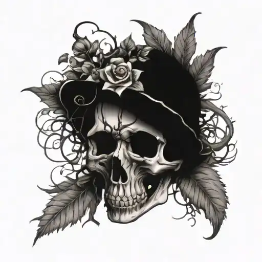 gothic damaged skull enveloped by vines and nature while decomposing tattoo design idea