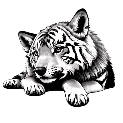 wolf pup and tiger cub laying tattoo design idea