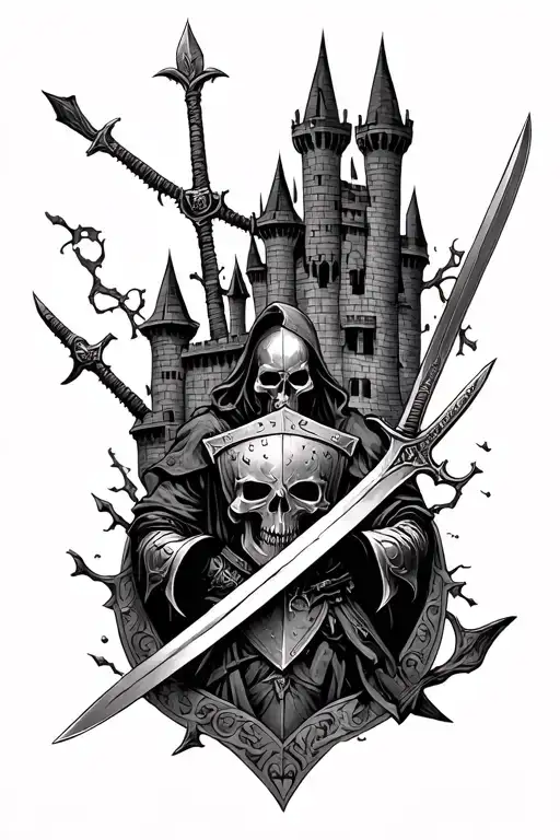 Full-sleeve tattoo in dark medieval gothic style. Ruined castles, skeletal knights, broken shields, cursed swords, black tattoo design idea