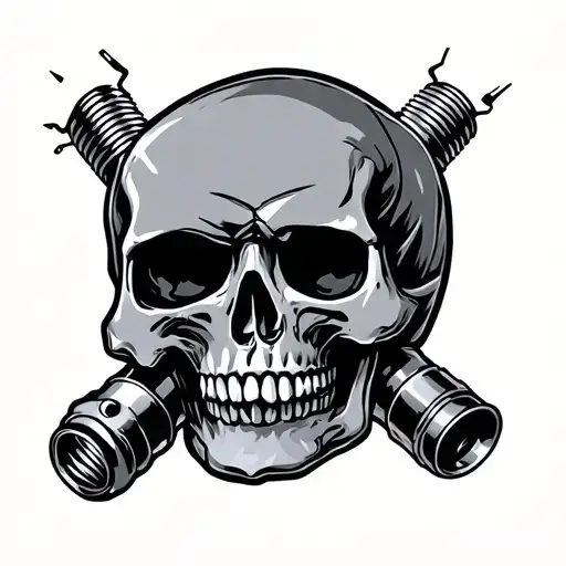 skull and piston rods spark plugs tattoo design idea