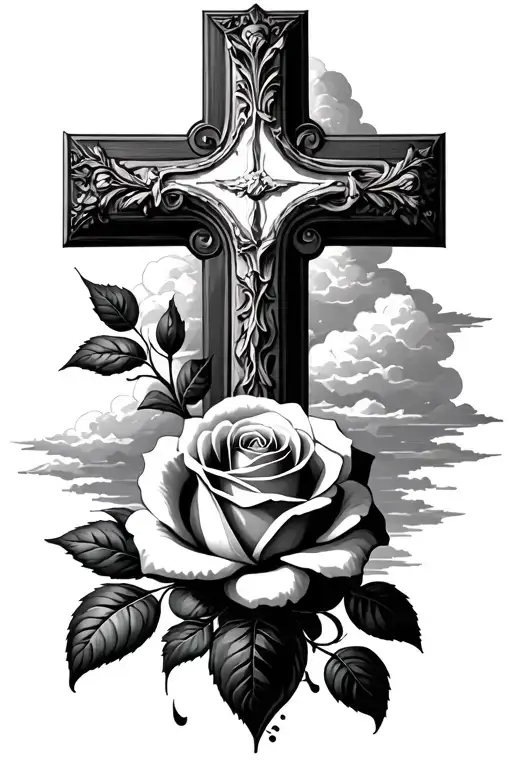 realistic, detailed cross, rose beneath, clouds in background tattoo design idea