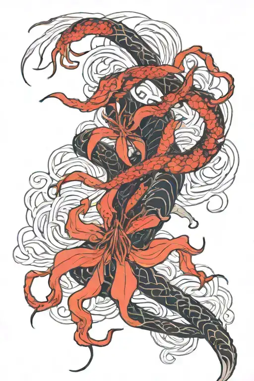 Spider lily flowers, dragon whole body tattoo design idea