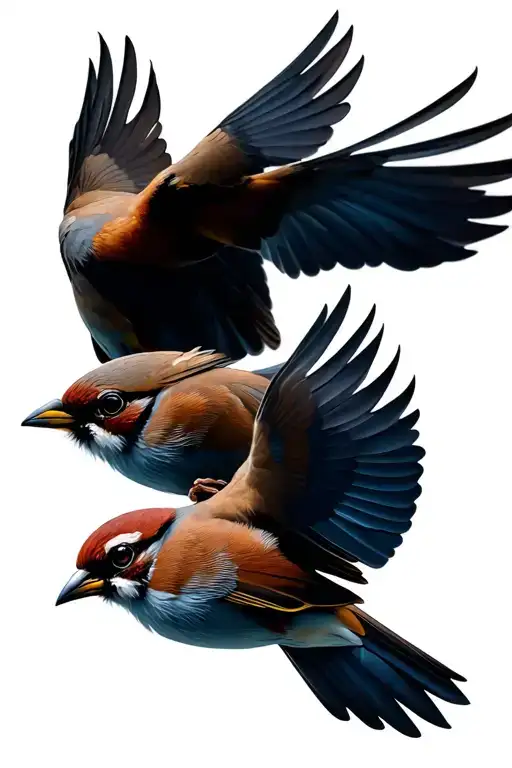 3 semirealisitic sparrows flying upward together facing inward symbolizing siblings tattoo design idea