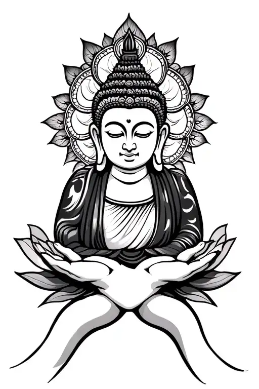 Create a tattoo with 2 hands together holding a lotus buddha with Sudarshan Chakra tattoo design idea
