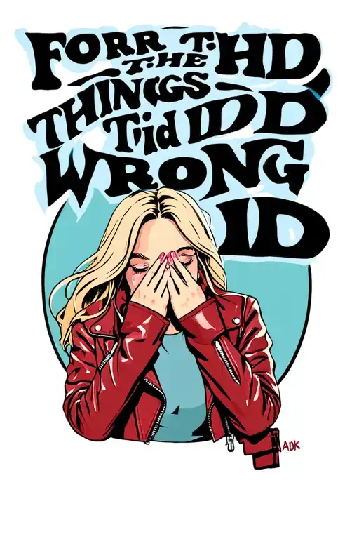 "FOR THE THINGS I DID WRONG" a blonde girl wearing a red leather jacket, covering her mouth with her hands tattoo design idea
