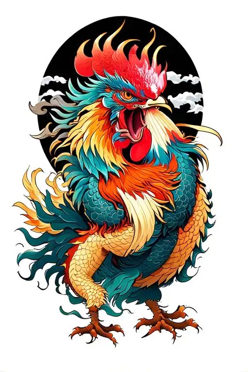 dragon and rooster fighting demons tattoo design idea