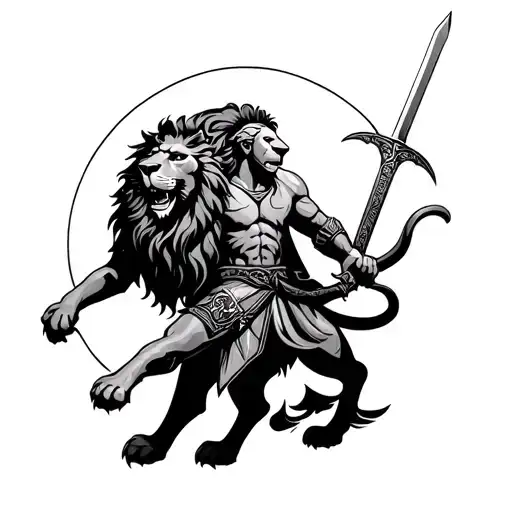lion of Judah with warrior wielding a sword tattoo design idea
