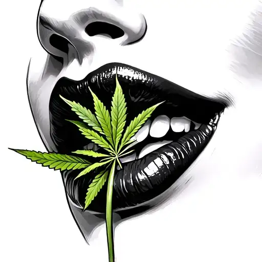 sexy biting lips with a marijuana jount (all black and white) tattoo design idea