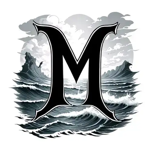 hand tattoo with letter M and an ocean theme across hand and fingers tattoo design idea