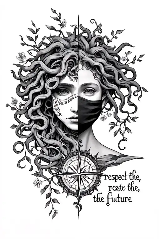 medusa wearing a second face(mask), vines and flowers, compass with the words "respect the past, create the future" tattoo design idea