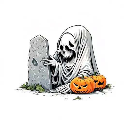 Ghost with a tomb stone in one hand and a pumpkin next to him tattoo design idea