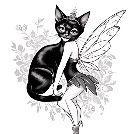 Black and White Tattoos  of a black cat and Tinker Bell tattoo design idea