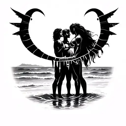 sagittarius sign together with number 19 and a couple in the beach tattoo design idea