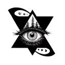 all seeing eye inside triangle and forest tattoo design idea