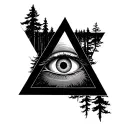 all seeing eye inside triangle and forest tattoo design idea