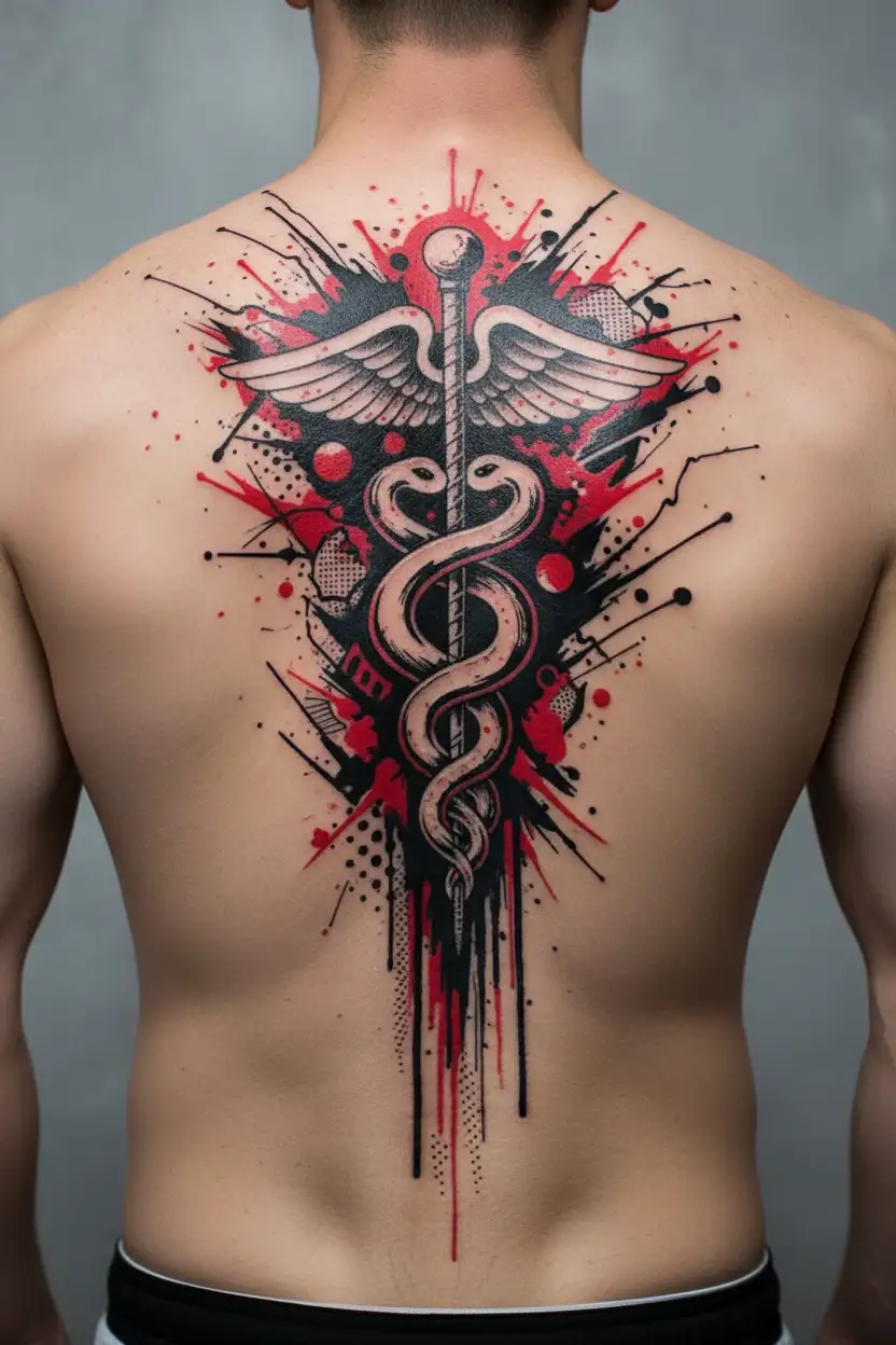 blackout sleeve with rod of asclepius symbol tattoo design idea