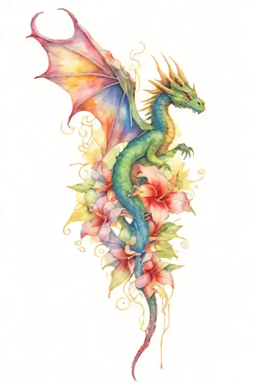 barbed wired dragon wood  with hibiscus and orchid blossoms tattoo design idea