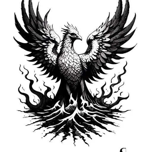 A phoenix rising from the ashes, symbolizing rebirth and mythology tattoo design idea