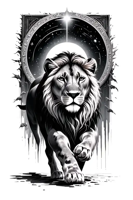 regal queen female lioness, not a male lion, walking towards and emerging from circular galactic portal tattoo design idea