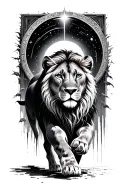 regal queen female lioness, not a male lion, walking towards and emerging from circular galactic portal tattoo design idea
