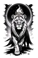 regal queen female lioness, not a male lion, walking towards and emerging from circular galactic portal tattoo design idea