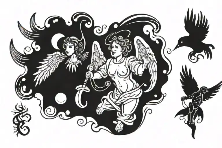 angel's falling and Gemini spiritual animal playing tattoo design idea