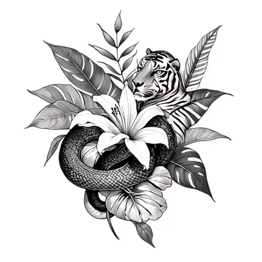 half sleeve for woman with snake, tiger lillie's, and monstera plant shaded tattoo design idea
