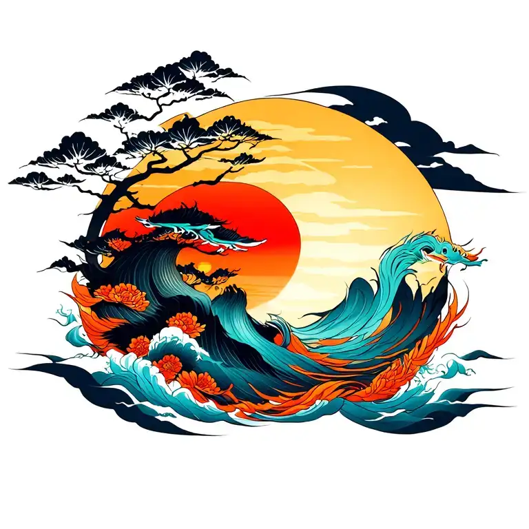 chinese sun rising tattoo design idea