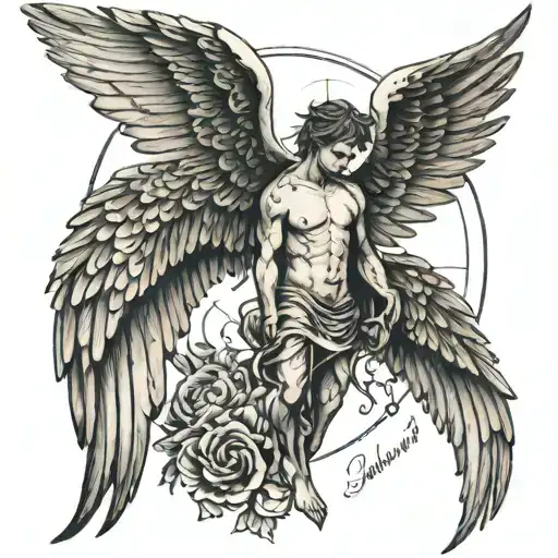 angle wings with religion and boys names and dates tattoo design idea