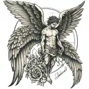 angle wings with religion and boys names and dates tattoo design idea