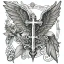 angle wings with religion and boys names and dates tattoo design idea