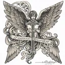 angle wings with religion and boys names and dates tattoo design idea