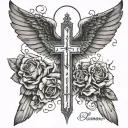 angle wings with religion and boys names and dates tattoo design idea