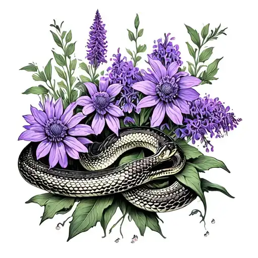 wildflowers and purple lilac with snakes tattoo design idea