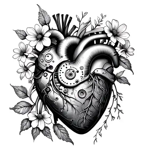 a mechanical heart with a steampunk aesthetic and delicate natural flowers growing from it tattoo design idea