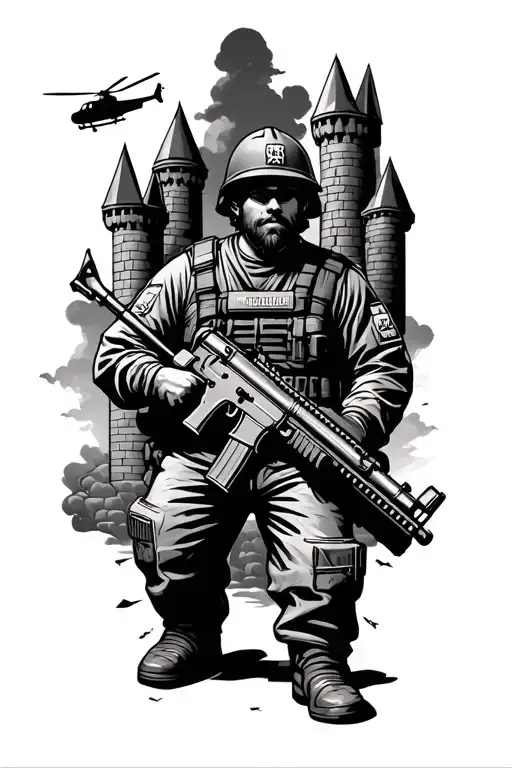 army engineer castle with shovel and m4 rifle with helicopter in the background  tattoo design idea