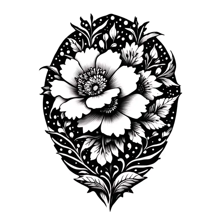 bohemian style flowers and line work tattoo design idea