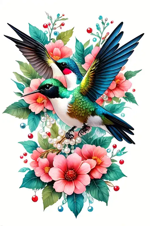 hummingbirds with flowers and berries and pearls and jewels tattoo design idea