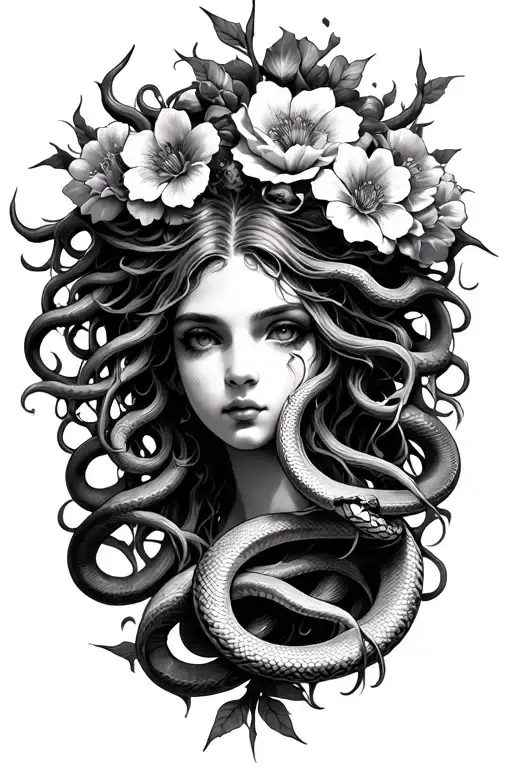 Design a tattoo of Medusa w 7 snakes 15 flowers 3 thorns tattoo design idea