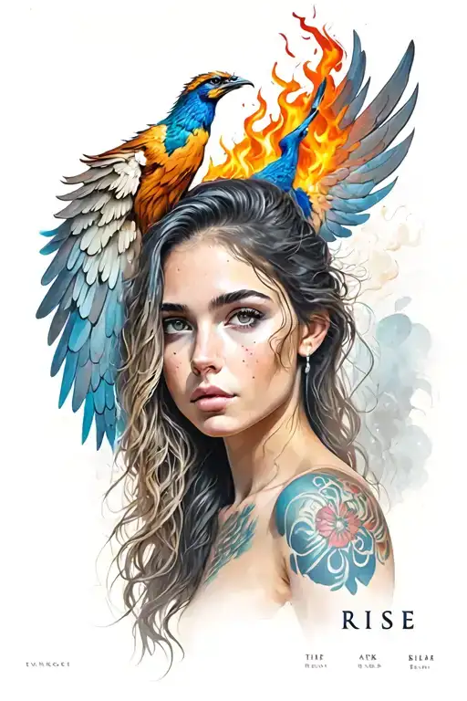 "Rise" young woman with fire and phoenix wings tattoo design idea