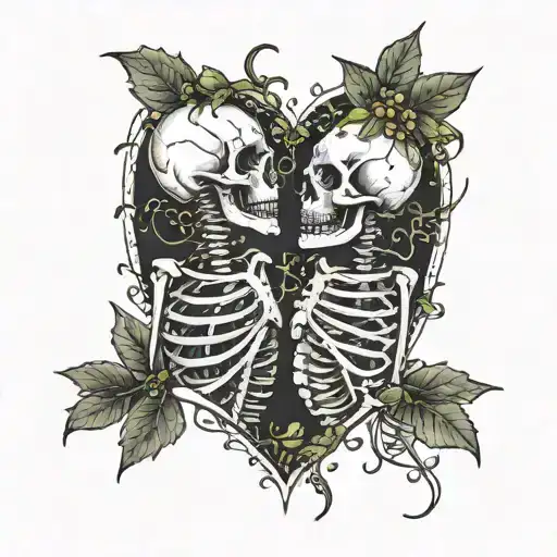 mistletoe and thorns heart with skeletons kissing each other, with contrast around tattoo design idea