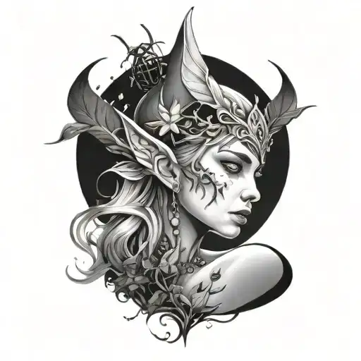 women elf fragile with bugs around her face  tattoo design idea