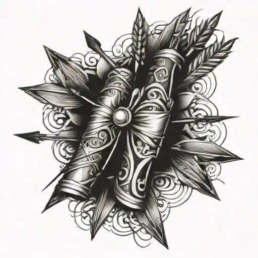 Upper arm 1/2 sleeve of a large, detailed bow, going up the upper arm and a quiver that holds 5 arrows.  tattoo design idea