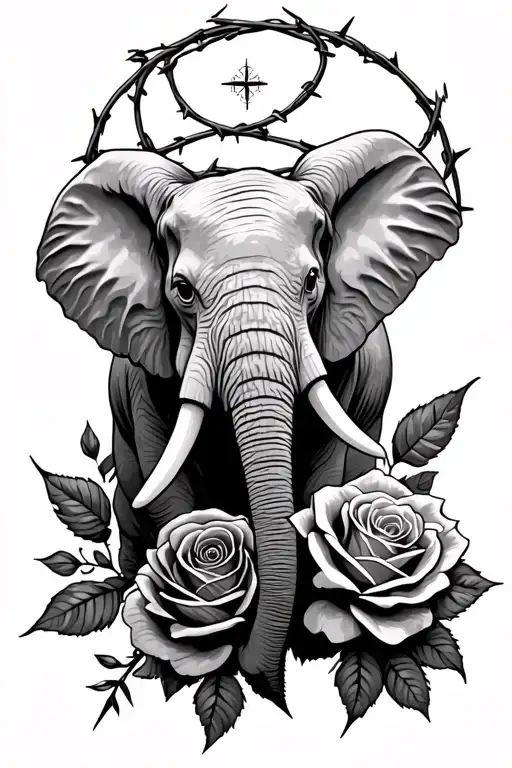 Elephant with barbed wire of a rose and a compass tattoo design idea