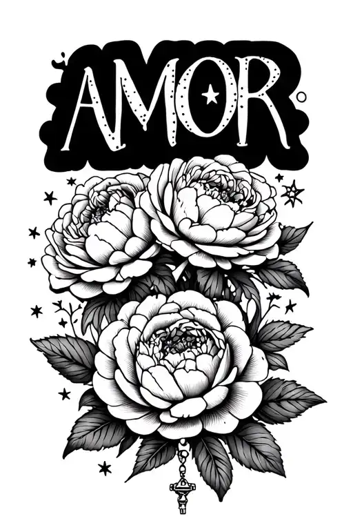 chola style with the word 'AMOR' with peonies, simple stars, rosary and little add ons tattoo design idea