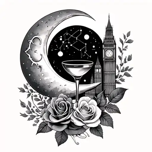 crescent moon, Aries & Libra constellations, ribbon with London skyline, cocktail glass, roses, intertwined rings, dates tattoo design idea